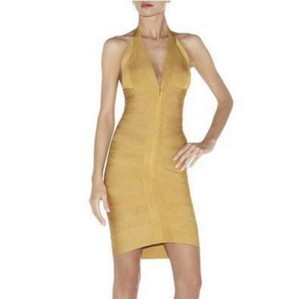 AUTH HERVE LEGER LILOU DRESS IN GOLDEN SUN SZ XS